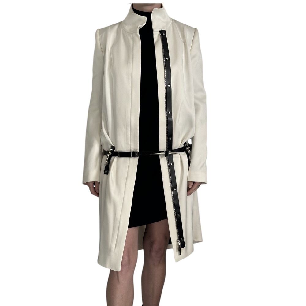 Anthony Vaccarello AW13 Hardcore Spike White Midi Coat FR 36 Black Leather Belt
